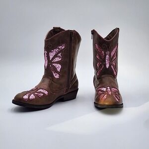 Wonder Nation Girls Size 2 Cowboy Boots Brown with Pink Sequin Butterfly Cutouts